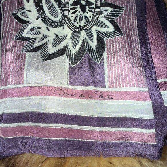Vintage Oscar de la Renta Silk Oblong Scarf | Purple Black Paisley Stripe | Made - Picture 2 of 16